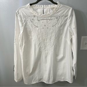 Talbots white cotton long sleeve shirt with lace detail